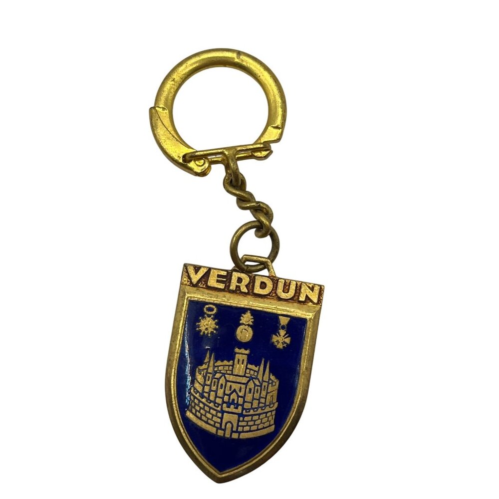 Vintage Verdun Enamel Shield Keychain With Gold-Tone Clip A214